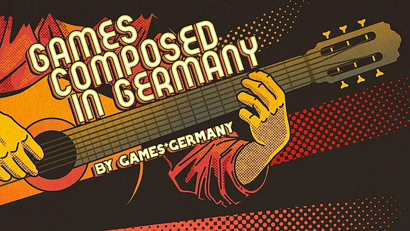 Grafische Illustration einer Gitarre mit zwei Händen, darüber der Text 'GAMES COMPOSED IN GERMANY' und darunter 'BY GAMES*GERMANY' in gelben und roten Farbtönen.