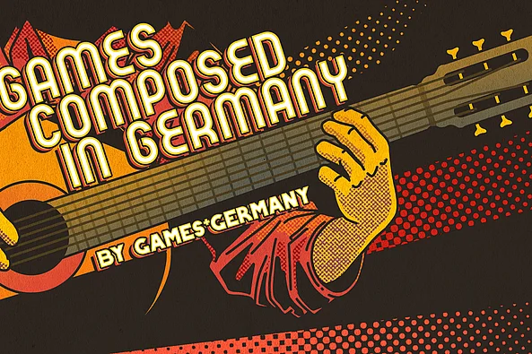Grafische Illustration einer Gitarre mit zwei Händen, darüber der Text 'GAMES COMPOSED IN GERMANY' und darunter 'BY GAMES*GERMANY' in gelben und roten Farbtönen.
