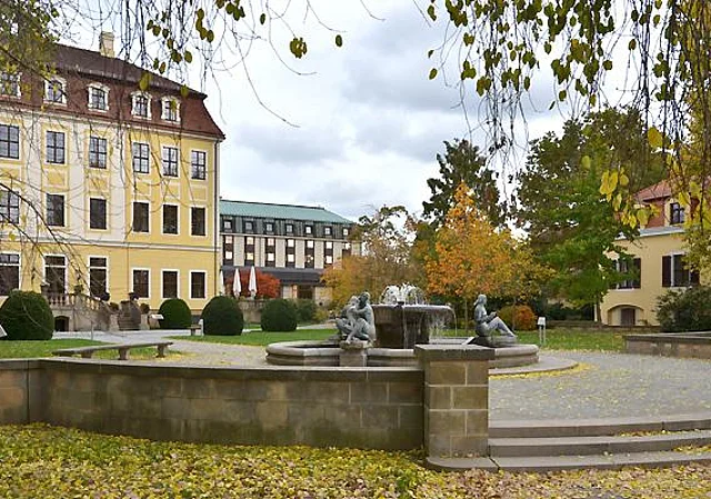 Altbau und östlicher Neubauflügel, Drei-Grazien-Brunnen, Gartenhaus