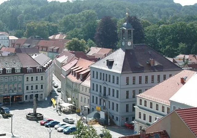 Blick vom Kirchturm nach Westen, Richtung Große Töpfergasse und Rathaus