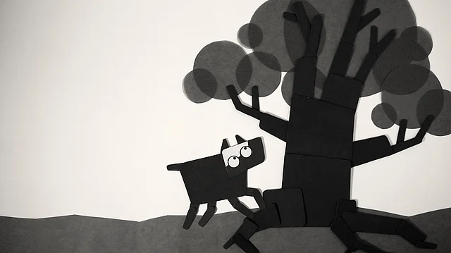 Schwarz-weiße Grafik eines stilisierten Hundes neben einem Baum mit runden Blättern