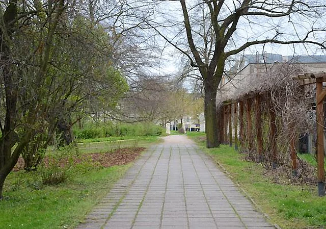 Plattenweg hinter dem Anbau