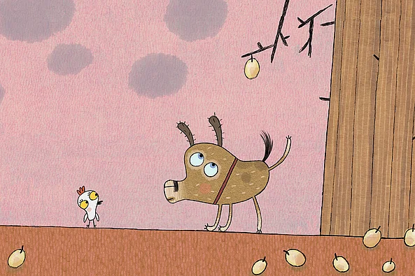 Ein Küken und ein Hund in Zeichentrick vor einem Baum