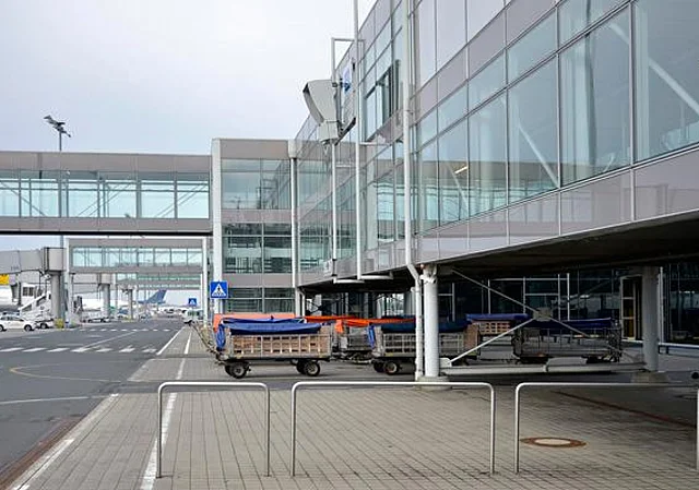 Pier mit Fluggastbrücken, Gepäckwagen